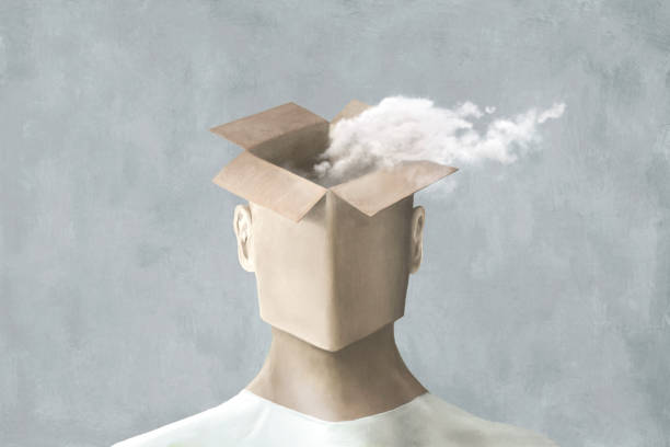 Illustration of man with cloud getting out of the box over his head